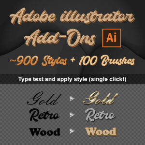 Adobe Illustrator graphic styles and brushes pack featuring wood, metal, gold, neon, black, stitched, retro, sliced text and stacked paper editable typography effects for logos, posters and creative design.